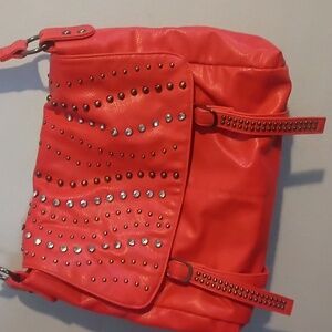Y2K Vibrant Orange VG Leather Studded Shoulder Crossbody Bag Adjustable 90s